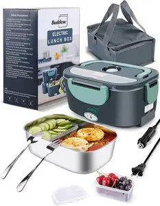 Electric Heated Lunch Box, 80W Fast Heating, 1.5L Food-Grade 304 Stainless Steel, 12V/24V/110V Portable Food Warmer for Car Truck Office Adults, Lonchera Electrica Portatil (Green)