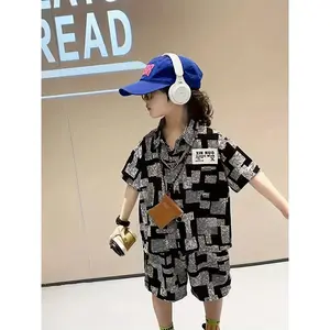 NewBoys' Summer 2pcs Casual Short Sleeve Collared Shirt and Shorts Set with Letter Pattern, Regular Fit, Perfect for Outdoor