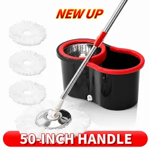Mop bucket set with a 360° spinning mop and bucket system, 3 microfiber heads, 48-inch adjustable handle, efficient cleaning supplies, mop replacement set