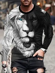 Men's Casual Streetwear 3D Lion Print Long Sleeve T-Shirt, Polyester Blend Fabric, Round Neck, Slight Stretch, All-Season Wear, Regular Fit Knit Top, Casual Street Comfy