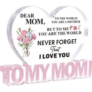 To My Mom Heart Shaped Acrylic Plaque, Gifts for Mom from Daughter Son, Birthday Mother's Day Thanksgiving Gift Idea, Desk Decor for Home Office Bookshelf (5.1x3.9 In)