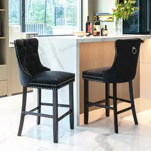 Bar Stools Set of 2, Velvet Upholstered Counter Height Chairs with Button Tufted Decoration, Chrome Nailhead Trim and Wooden Legs, Modern Bar Chairs, Wing-Back Barstools