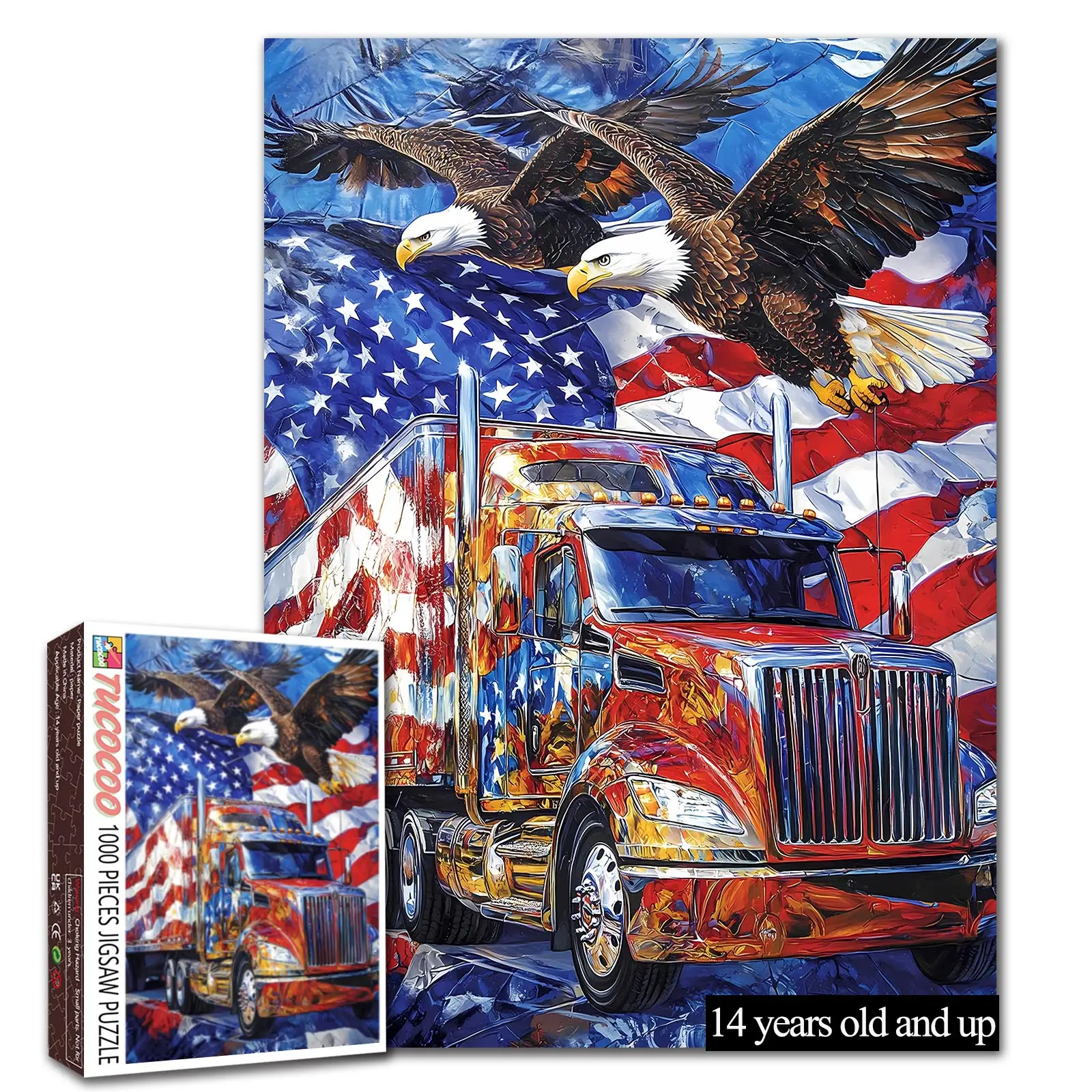 Tucocoo American Eagle Truck 1000 Pieces Jigsaw Puzzle, Patriotic Bald Eagles and USA Flag Semi Truck Art, Challenging Brain Teaser Family Game Stress Relief Wall Decor Gift for Truck Lovers, 27.5x20inch(70x50cm)