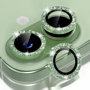 【Glitter Green】Glimprese Camera Lens Protector Compatible for iPhone 17 16 16Plus 15 15Plus 14 14Plus 13 13Mini 13Pro 13ProMax, 9H Tempered Glass Camera Cover Screen Protector, HD Clear, Metal Individual Ring Decoration Accessories