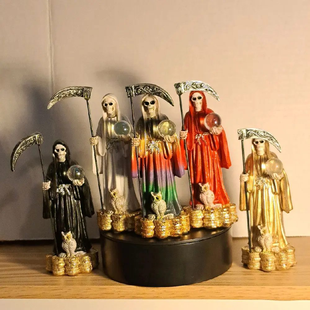5 pc set Santa Muerte Statues 5.5 Inch  - Colorful Collection with Unique Designs and Gold Accents Decor Ornaments