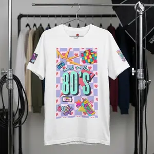 Retro 80s Neon Pattern T-Shirt | Vintage Cassette Boombox Design