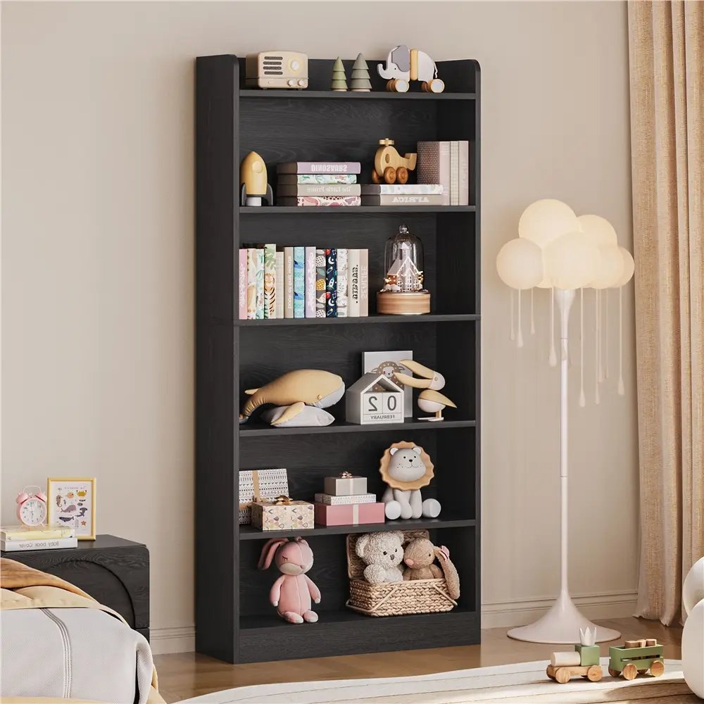 Costoffs 6-Layer Veneer Wood Bookshelf - Modern Design Wall Mount Space Saving Storage System, Adjustable Open Shelves, Open Top, Raised Base, 132.3 lb Capacity, 35.9 lb Weight, 24″ L×9.5″ W×63″ H, Office Furniture for Books & Study Room Storage