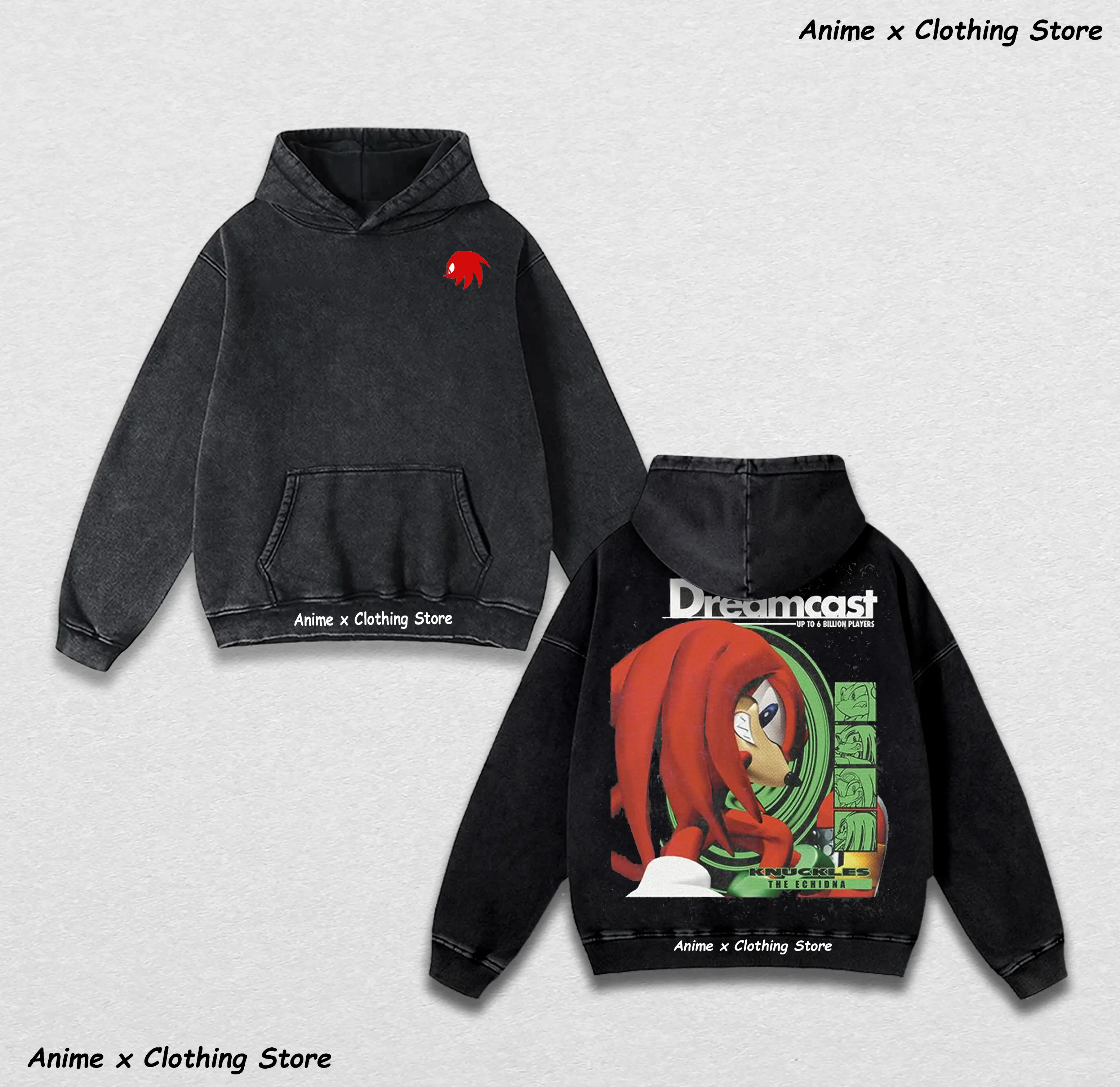 Knuckles the Echidna Hoodie, Cartoon Movie Graphic Hoodie, Unisex Oversized Acid Wash Lightweight Cotton Washed Hoodie, Sonic Merch Casual Fabric