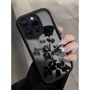 1pc Black Rose Pattern Full Coverage TPU Shockproof Phone Case Suitable Compatible With Apple 16,15,14,13,12,11 Pro Max & Series