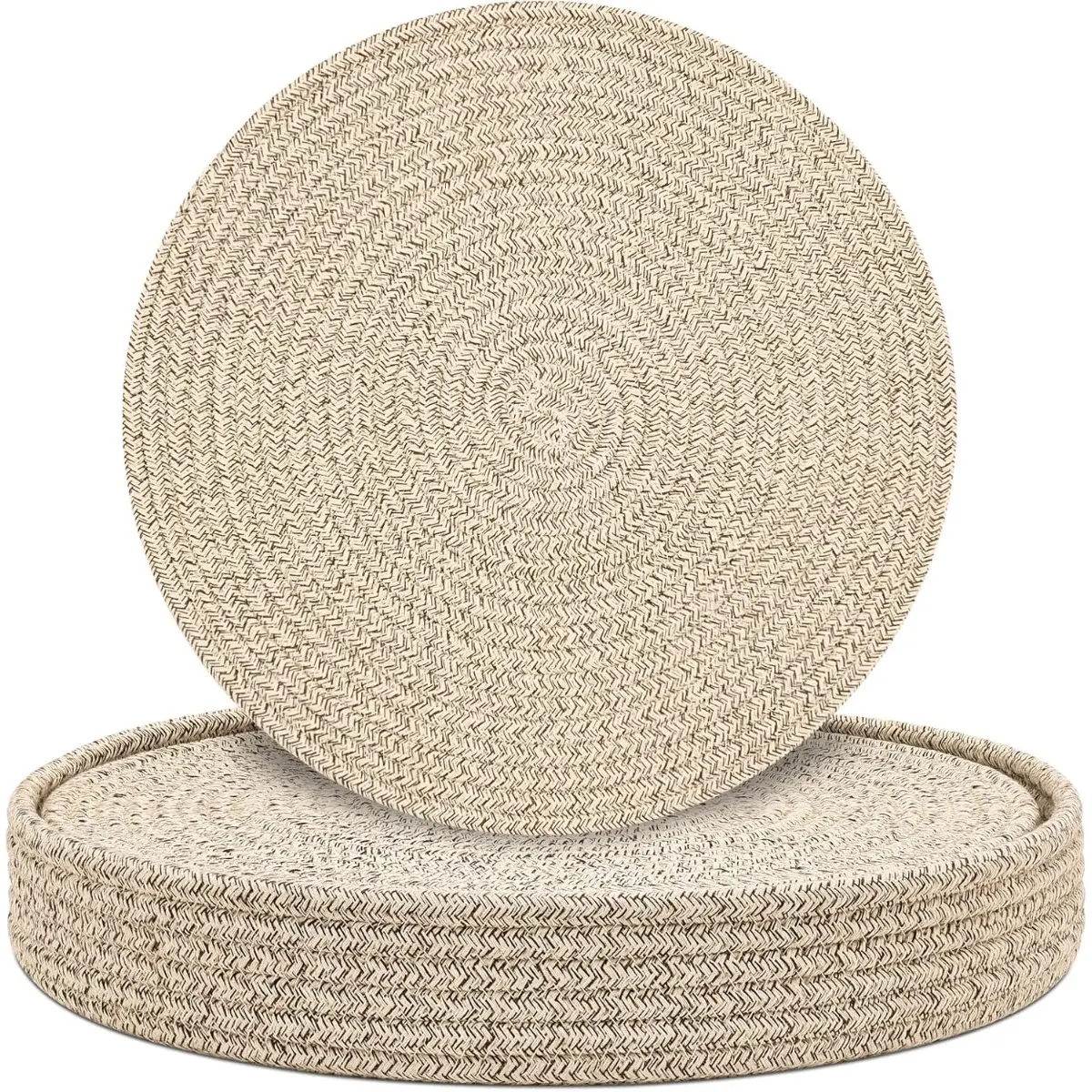 6-Piece Round Woven Cotton Rope Placemats & Coasters Set with Holder, 13in Heat-Resistant Double-Sided Washable Tableware for Farmhouse Dining Table & Kitchen Decor