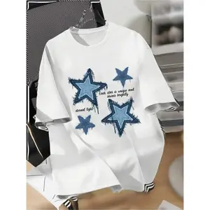 YD.S Print Cotton T-Shirt Men's XINGX Star Pattern Fashion Tee Casual Crew Neck Short Sleeve T-Shirt with Blue Denim Print Ideal for All Seasons Cotton Tshirt Streetwear Graphic Outfit Men Crewneck Fabric Top Vibe Menswear graphic tee t shirts for men tre