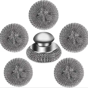 6pcs Steel Wool Scrubber Set, Stainless Steel Scrubber with Handle, 5 Replacement Wire Pads for Cast Iron, Pans, Grills, Sinks