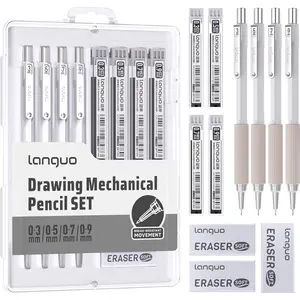 Mechanical Pencil Set with Case, 4 count 0.3/0.5/0.7/0.9mm Art Mechanical Pencils + 4 Tubes Lead Refills (0.3/0.5/0.7/0.9mm) + 3 count Erasers + 1 count Case, Drawing Mechanical Pencils for Writing, Sketching