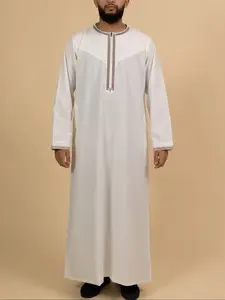 Muslim Men's Thobe with Embroidered Zipper Design, Islamic Arabic Style Traditional Clothing for Festivals and Ramadan Gifts