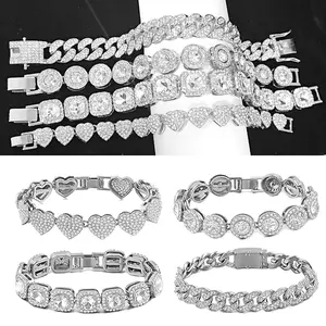 4PCS Rhinestone Bracelets for Women Silver Clustered Tennis Bracelet for Women Heart Round Diamond Cuban Bracelet Layered Link Bracelet Set Fashion Jewelry for Women Set