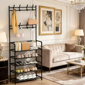 Coat&Shoe&Hat Standing Rack — 60cm Freestanding Coat, Shoe & Hat Rack with Modular Hooks & Tiered Shelves, Elegant Storage Solution for Modern Apartments & Homes.