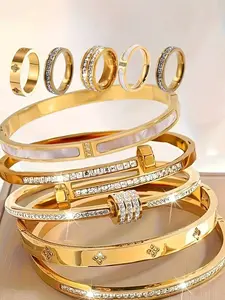 10 piece set of 304 stainless steel bracelets paired with rings, matching jewelry set, elegant, fashionable, luxurious with rhinestone design, suitable for daily versatility and giving gifts to family and friends Jewellery
