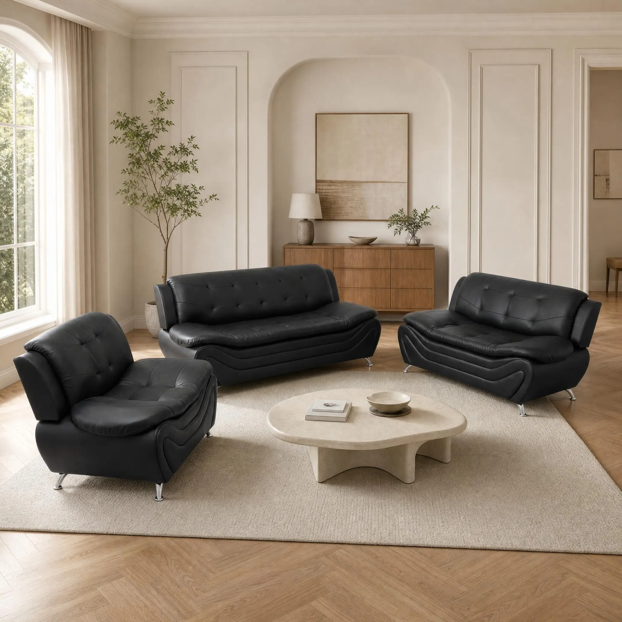 3-Piece Black Faux Leather Modern Sofa Set, Comfortable Living Room Indoor Furniture for Home