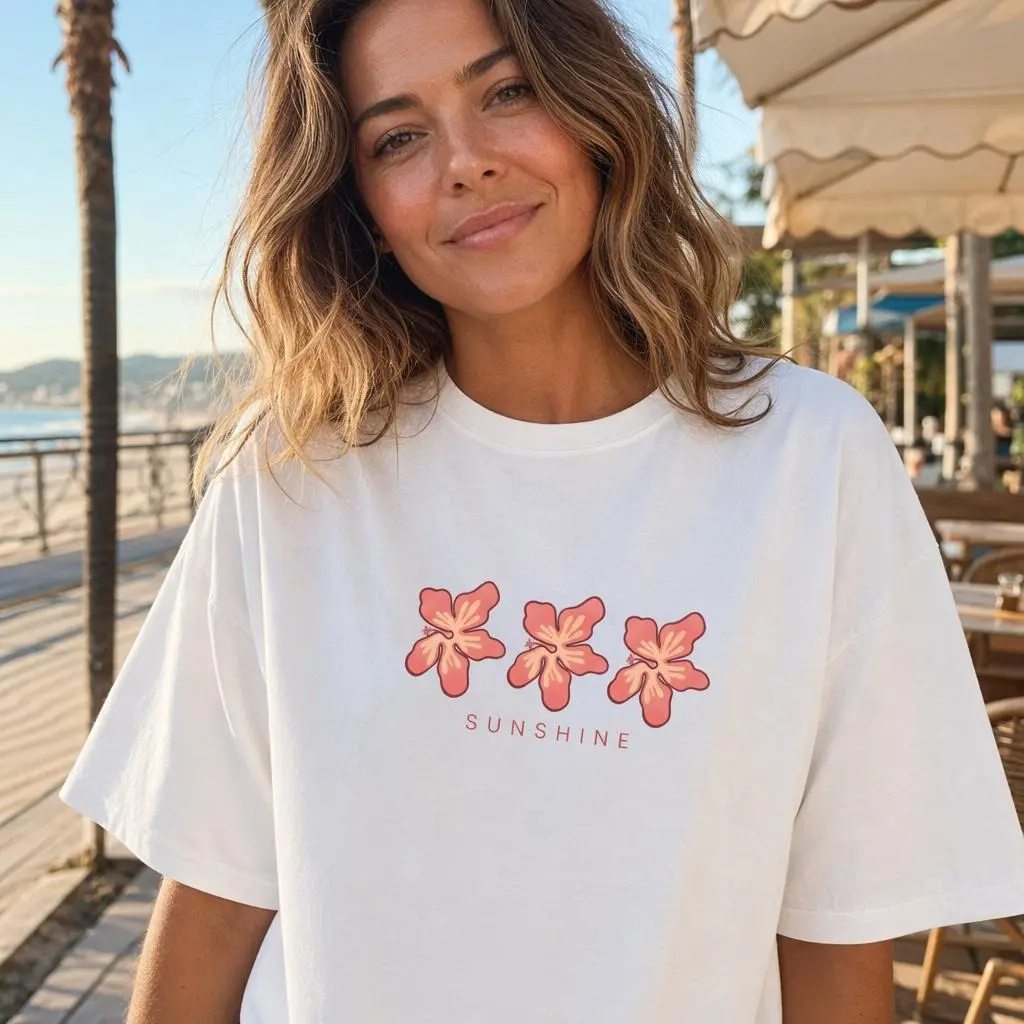 Women's Plus Size Sunshine Hibiscus Graphic Top, Lady's Casual Round Neck Streetwear, Summer Vacation Sports & Outdoor Shirt, Tshirt