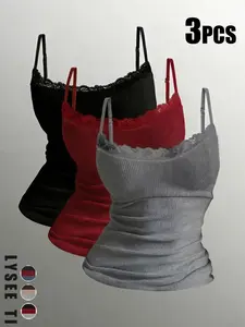 3pcs women's simple, fashionable, casual, retro pit stripe round neck solid color sleeveless tank top three piece set