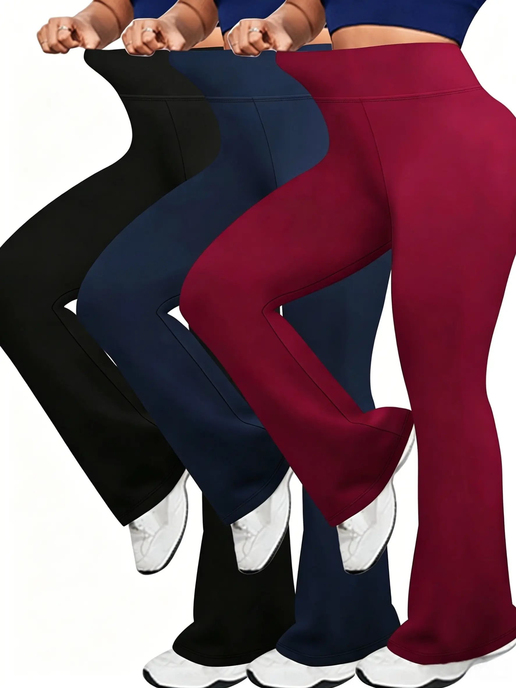 Women's 3-Pack (3pcs) Formal High-Rise Flared Bell-Bottom Pants, Solid Color Medium-Stretch Fabric Trousers with Pockets, Wide-Leg Office Clothes, Machine Washable, Suitable for Gym & Yoga Womenswear Style