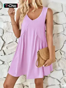 Women's Solid Jersey Fabric V Neck Pocket Design Knitting Tank Dress, Casual Minimalist Soft Breathable Sleeveless Short Fit Dress for Summer, Ladies Clothes for Daily Wear, Everyday, Womenswear