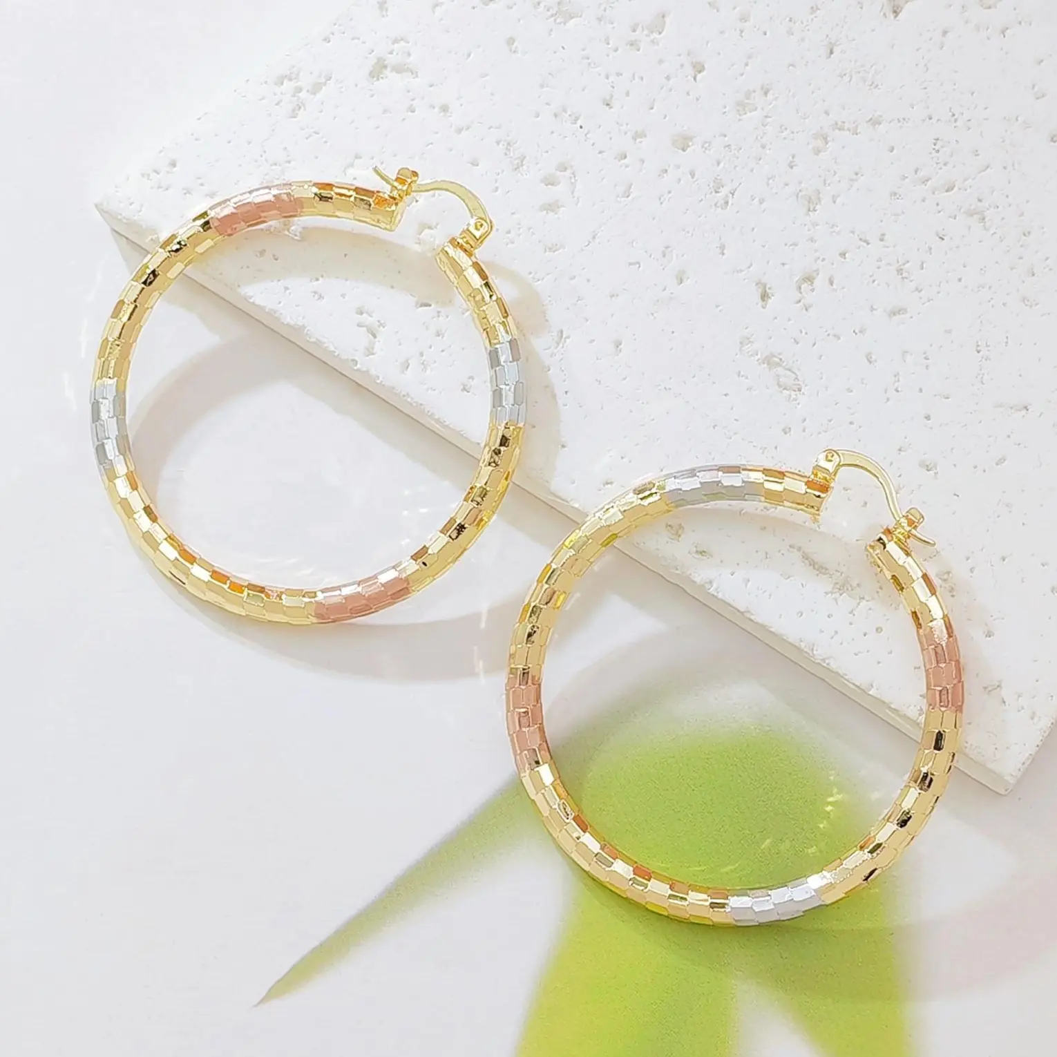Tri Color Shiny Sequin Hoop Earrings 14K Gold Silver Rose Gold Three Tone Glitter Large Circle Huggie Earrings For Women