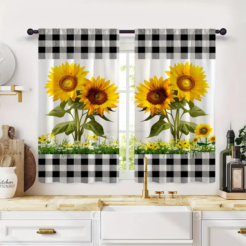 2pcs Modern Multi-Colored Sunflower Digital Print Window Ruffle Boho Floral Curtains - Double-Layer Darkening Rod Pocket Curtains with Liner, Custom Drapery Panels for Living Room Home Decoration, Window Curtains