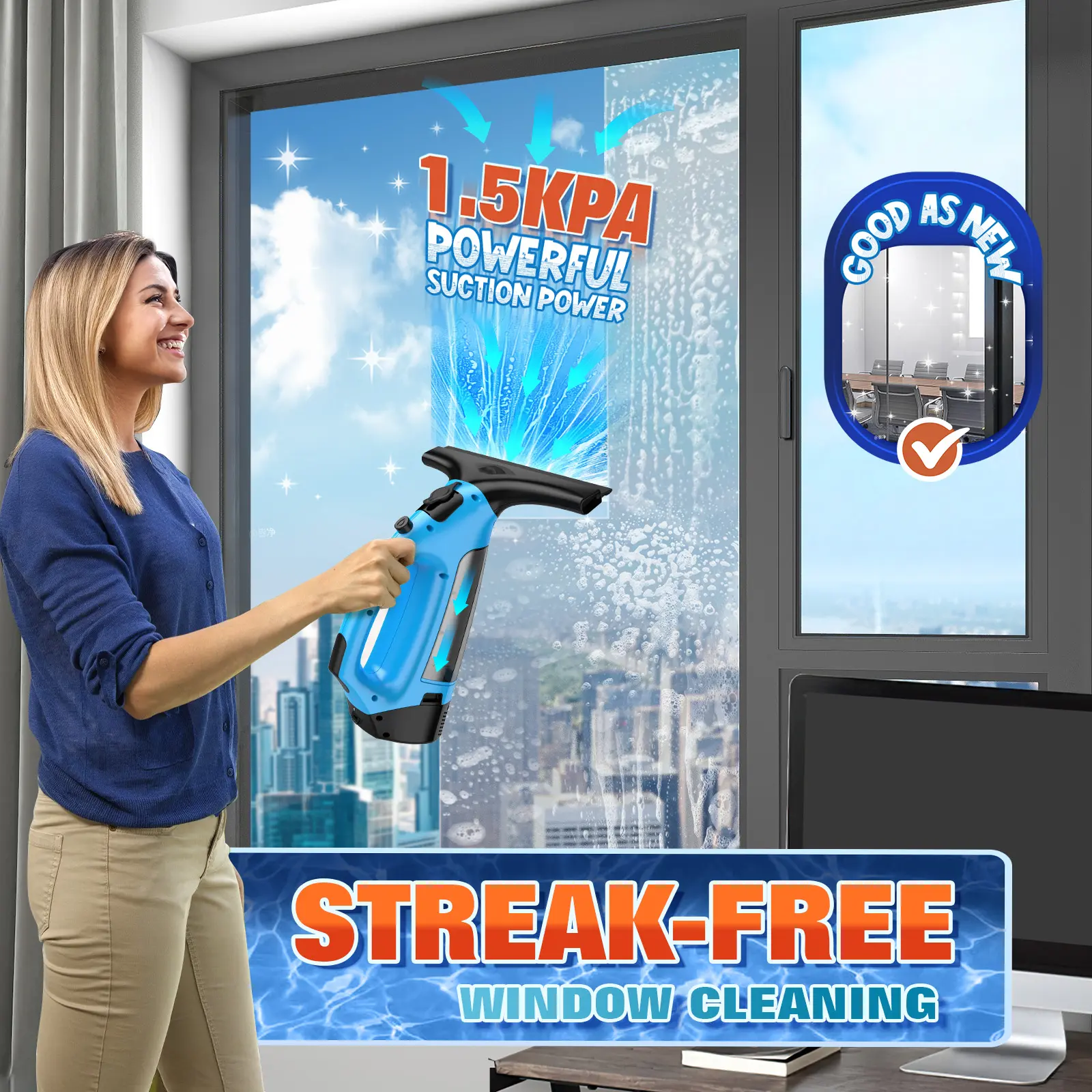 3-in-1 Rechargeable Handheld Cordless Multifunction Window Vacuum with 10in Squeegee, Streak-Free Cleaning, Spraying & Wiping Capabilities