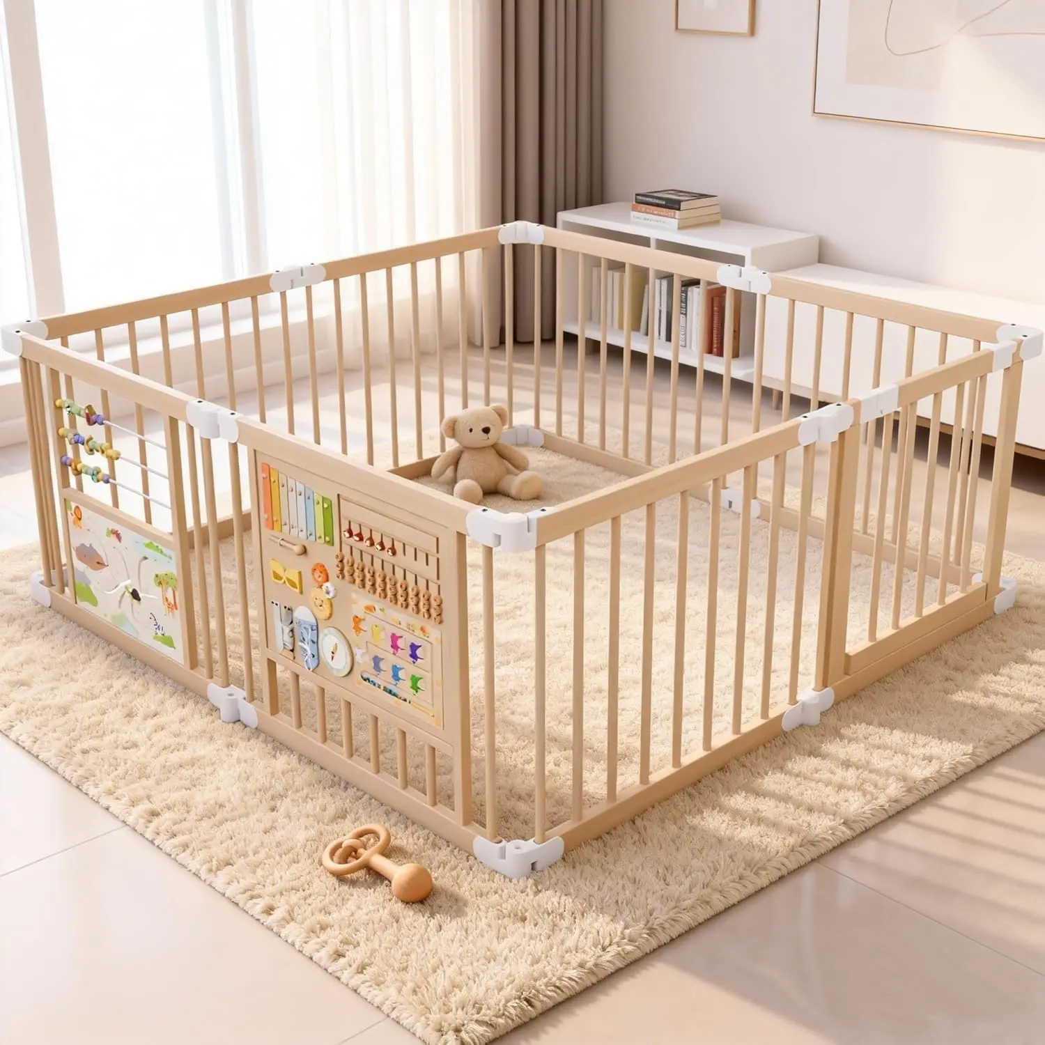 Foldable Wooden Playpen, Natural Wood Baby Playpen, Portable with Adjustable Size and Shape, Includes 2 Game Boards, 10+ Toy Set, Suitable for Indoor Use