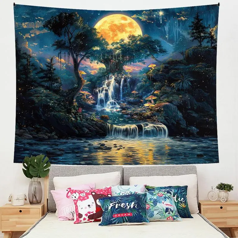Moon & Tree Pattern Tapestry, Wall Hanging Tapestry, Landscape Wall Art Decoration Background Fabric for Home Living Room Bedroom