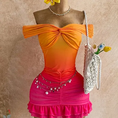 Elegant Women's Vacation Dress, Ruched Texture Off-Shoulder Gradient Mini Dress, Chic, Perfect for Beach, Date Night, Wedding Season, Music Festivals, Classy Dresses