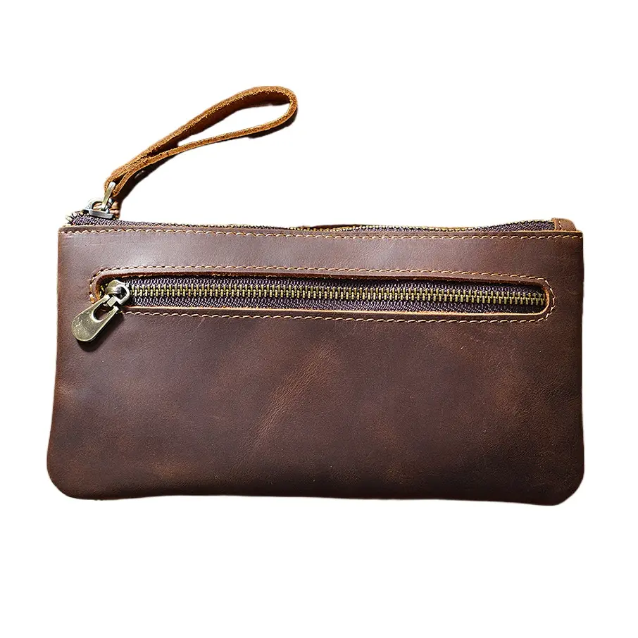 Vintage Crazy Horse Leather Full Grain Cowhide Pencil Case For Men And Women, Multi-Functional Zippered Stationery Organizer, Durable Portable Pouch Doubles As Coin Purse Credit Card Holder And Cash Wallet, Ideal For School Office Daily Carry And Travel