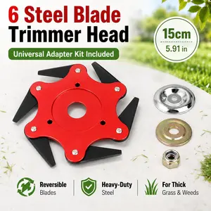 6 Steel Blade Trimmer Head with Universal Adapter Kit, Heavy Duty Metal Brush Cutter Replacement, Reversible Weed Eater Blades for Full Coverage Cutting, Thick Grass, Lawn Edging, Weed Clearing & Garden Yard Maintenance, Lawn Mower Accessories
