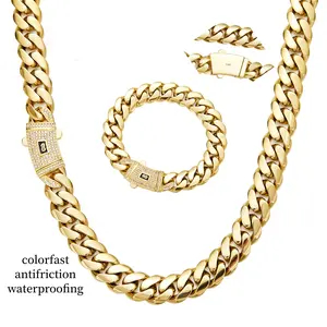 [New Upgraded Set] 14K Gold-Plated Cuban Necklace & Bracelet The latest electroplating gold-plating process for rust prevention 6mm/8mm/10mm/12mm/14mm Technology Waterproof Sweatproof Perfect Gift Jewelry Set Quality And Style