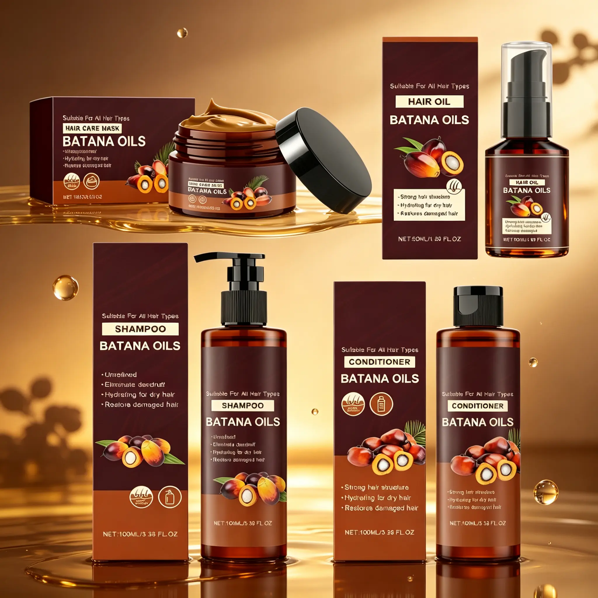 Batana Oil Hair Care Set – Shampoo Conditioner Oil Mask for Dry Damaged Hair, Helps Strengthen & Nourish 100ml x4