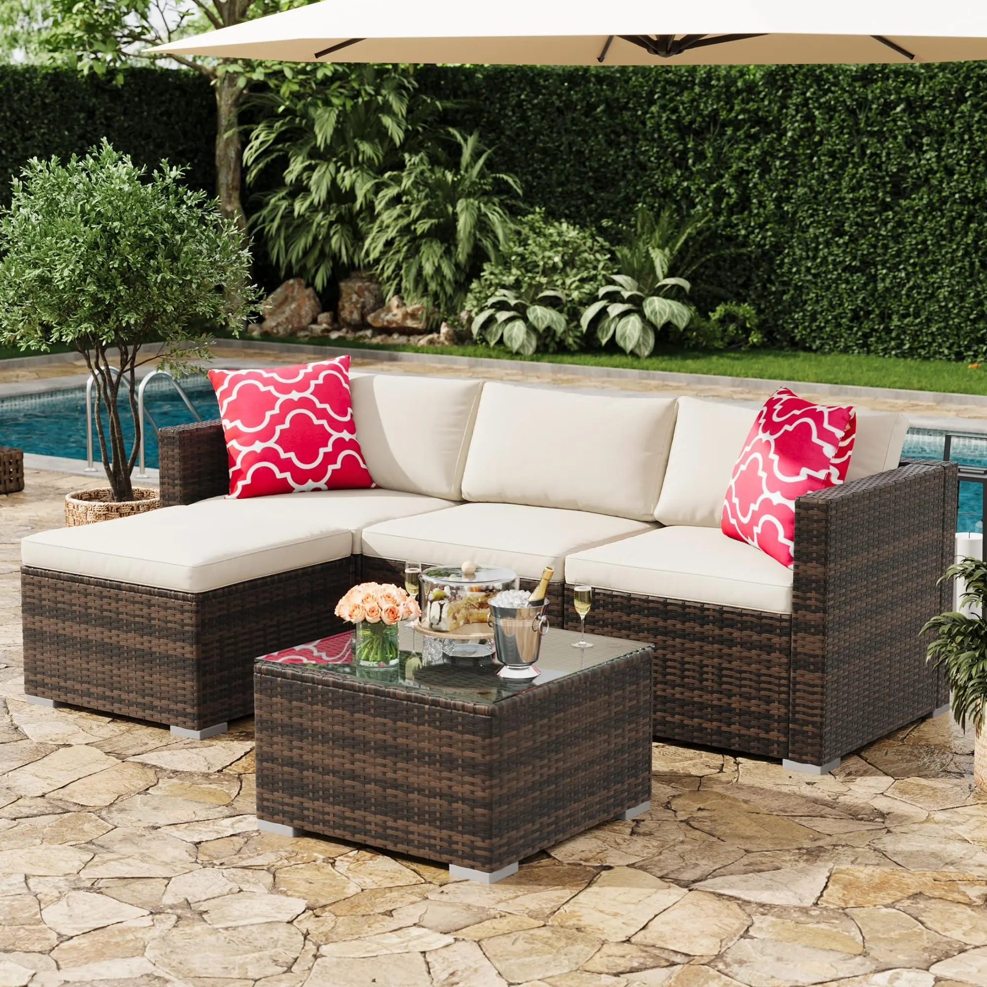 5-Piece Durable Outdoor Patio Sectional Sofa Set - Armless Convertible Ottoman, Tempered Glass Table, Ergonomic, Tool-Free Assembly, Waterproof All-Weather PE Rattan, Heavy-Duty Frame, Wipe Clean, Back Porch Backyard Gear (Brown/Beige)