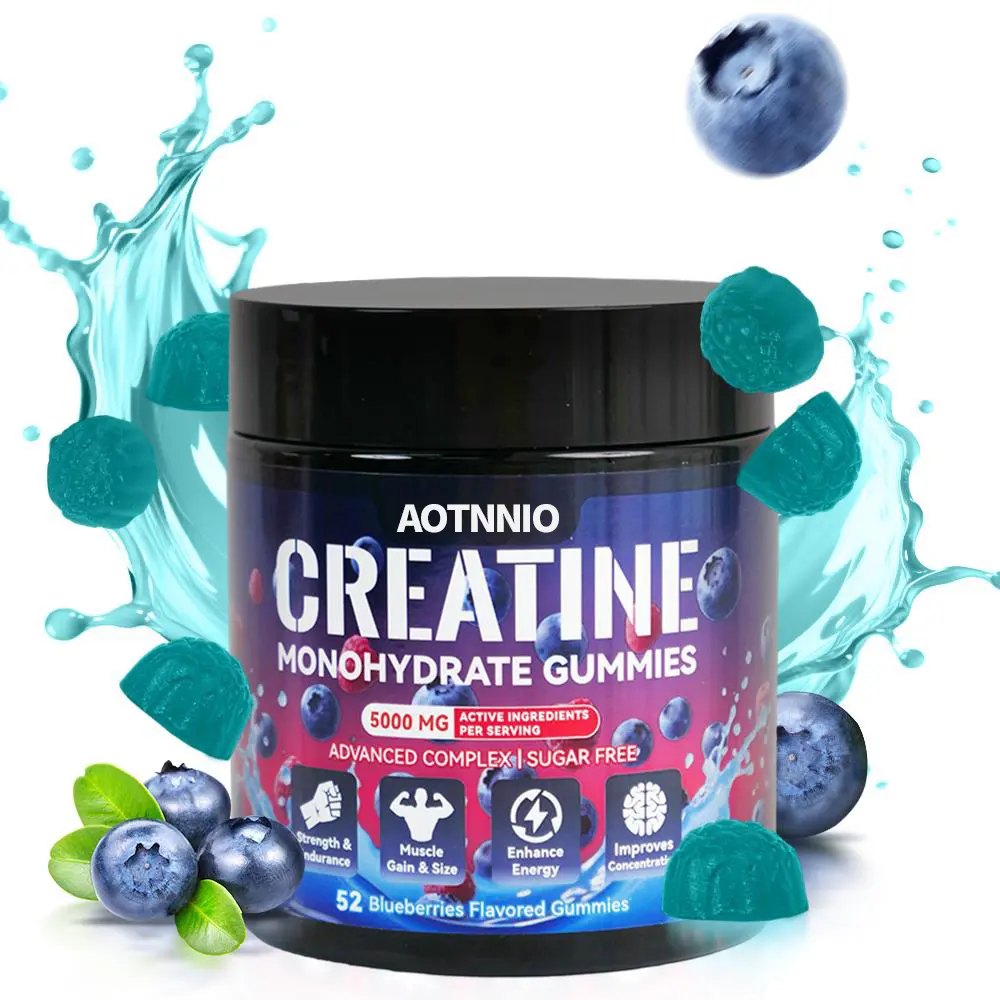 Creatine-Monohydrate Gummies Blueberry Flavor - 5000mg per 4 Tablets for Muscle Support & Energy Boost - Dietary Supplement for Fitness & Healthcare Vitamin Optimum Amino