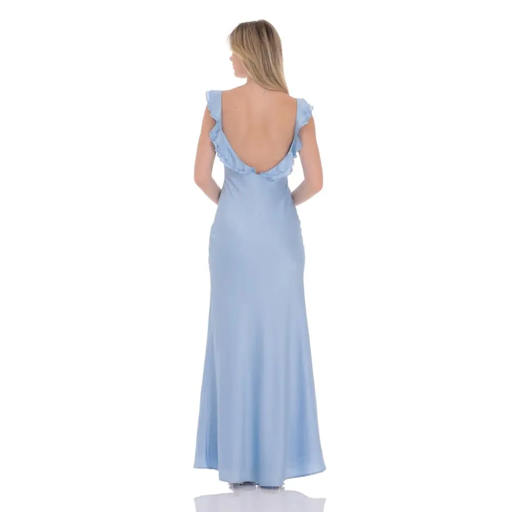 Satin Ruffle Open Maxi Dress in Light Blue