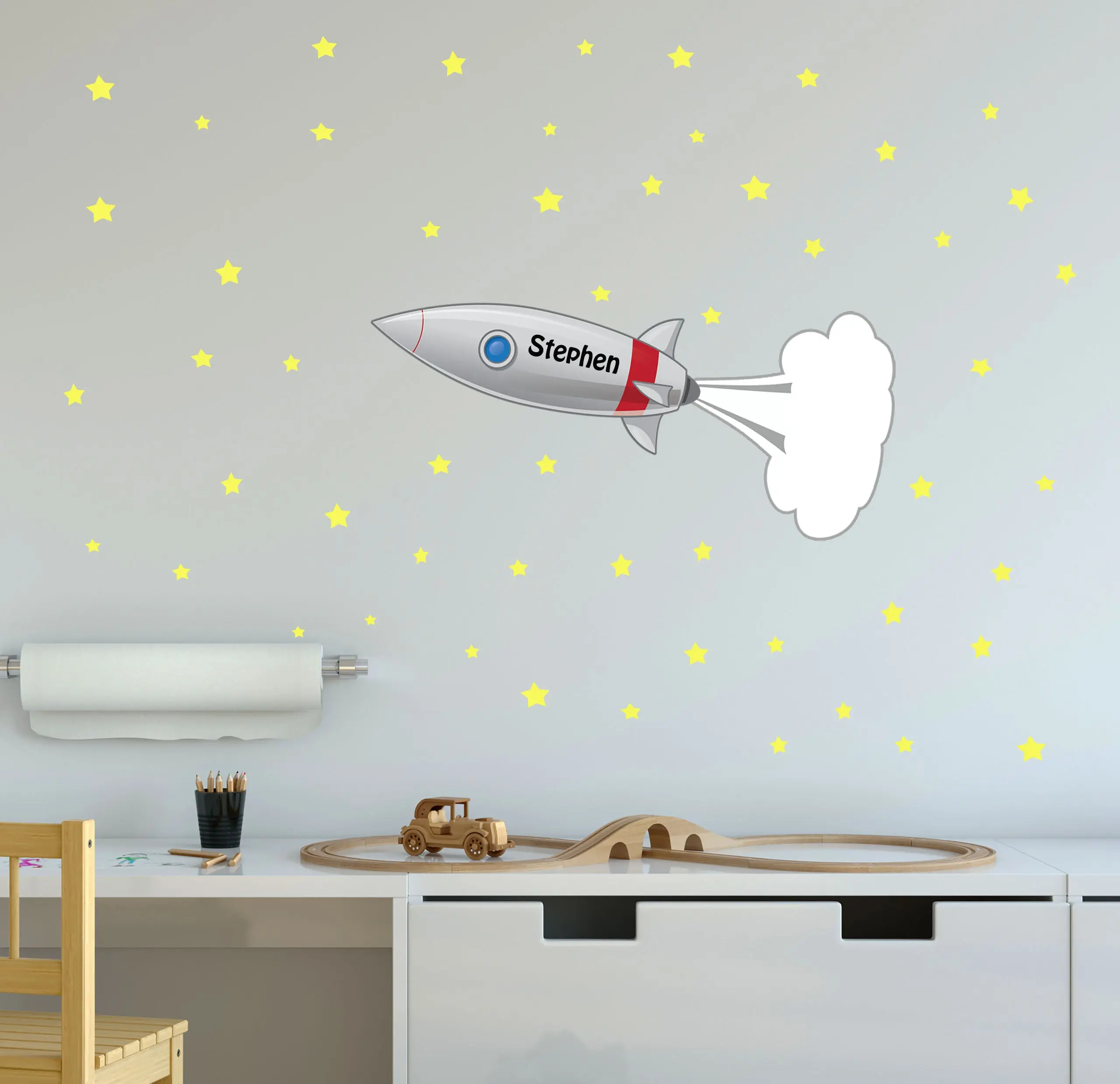 Rocket Ship Mural Wall Decals -Custom Name Decor Room