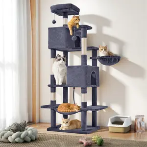 66in Multi-Cat Tree Tower - XL Climbing Condo with 2 Houses, Extended Platform, Hammock & Pom Poms for Indoor Cats