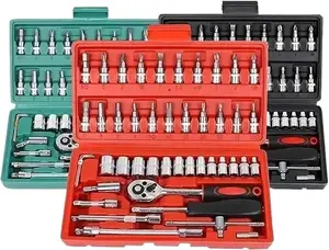 46 Pieces 1/4 inch Drive Socket Ratchet Wrench Set, with Bit Socket Set Metric and Extension Bar for Auto Repairing and Household, with Green/Black/Red Storage Case
