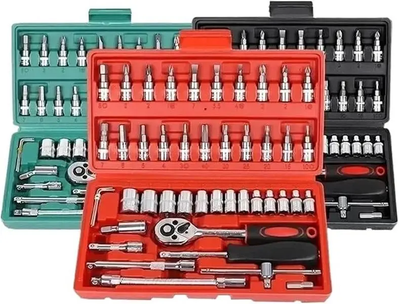 46 Pieces 1/4 inch Drive Socket Ratchet Wrench Set, with Bit Socket Set Metric and Extension Bar for Auto Repairing and Household, with Green/Black/Red Storage Case