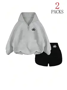 Autumn Winter Fleece Half-Zip High Neck Sweatshirt Casual Loose Pants Set, Letter Pattern Design, Comfortable Fabric, Y2K Style