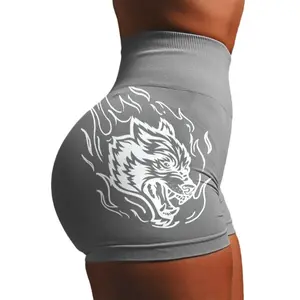 Darc Sport Style Wolf Head Seamless Yoga Shorts,  Waist Booty Lifting 3" Workout Shorts for Women elasticity high