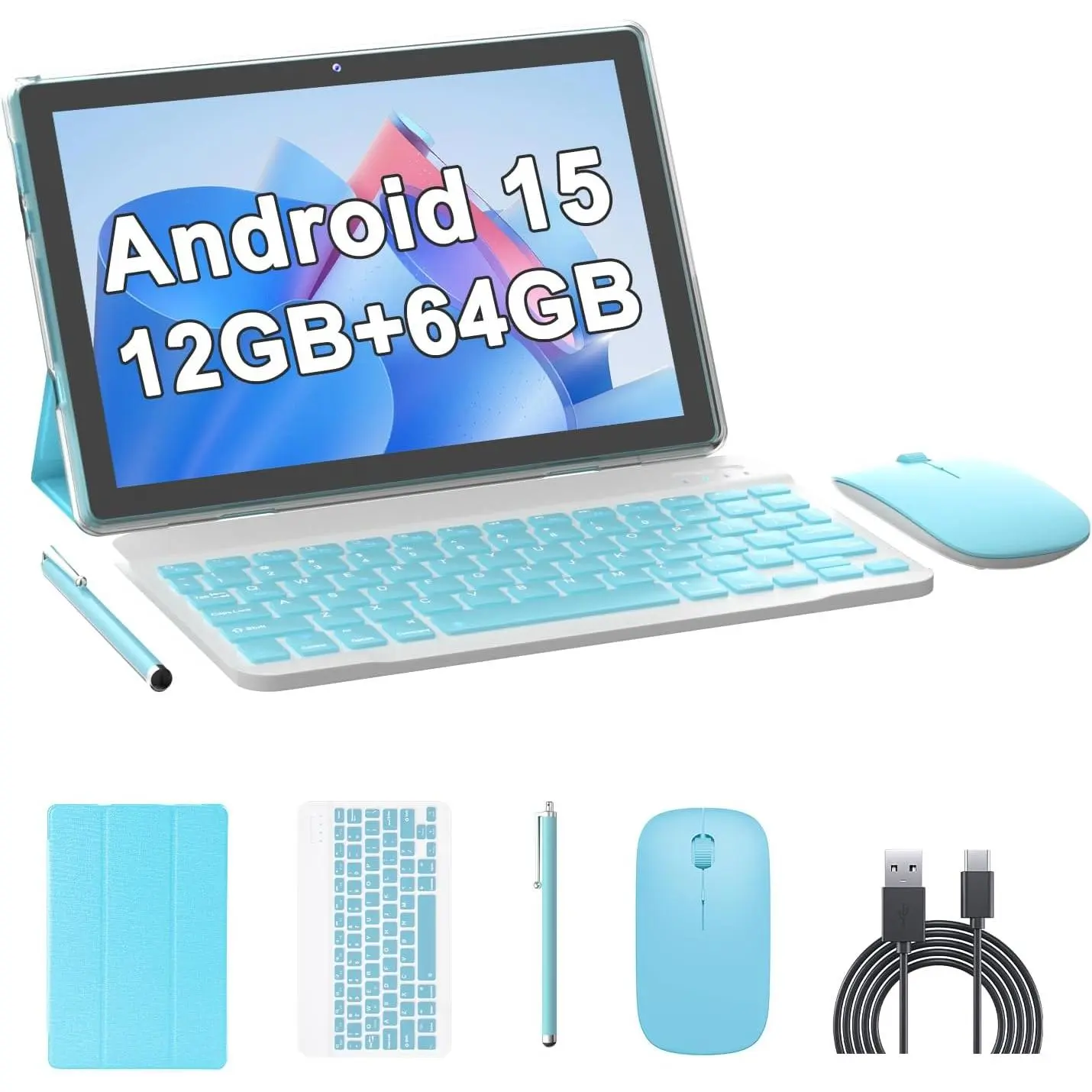 10 Inch Tablet Android 15 Tablets with Keyboard 64GB ROM+12GB RAM(4+8 expansion) Supports 1TB Expansion 2MP+8MP Dual Camera 6000mAh 5G WiFi-6 Tableta, 2 IN 1 Tablets with Mouse/Case/Stylus/ Keyboard