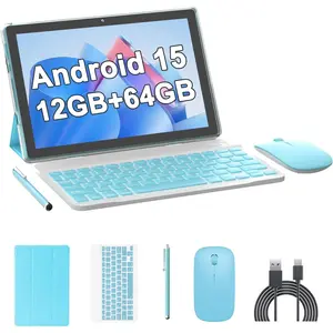 10 Inch Tablet Android 15 Tablets with Keyboard 64GB ROM+12GB RAM(4+8 expansion) Supports 1TB Expansion 2MP+8MP Dual Camera 6000mAh 5G WiFi-6 Tableta, 2 IN 1 Tablets with Mouse/Case/Stylus/ Keyboard