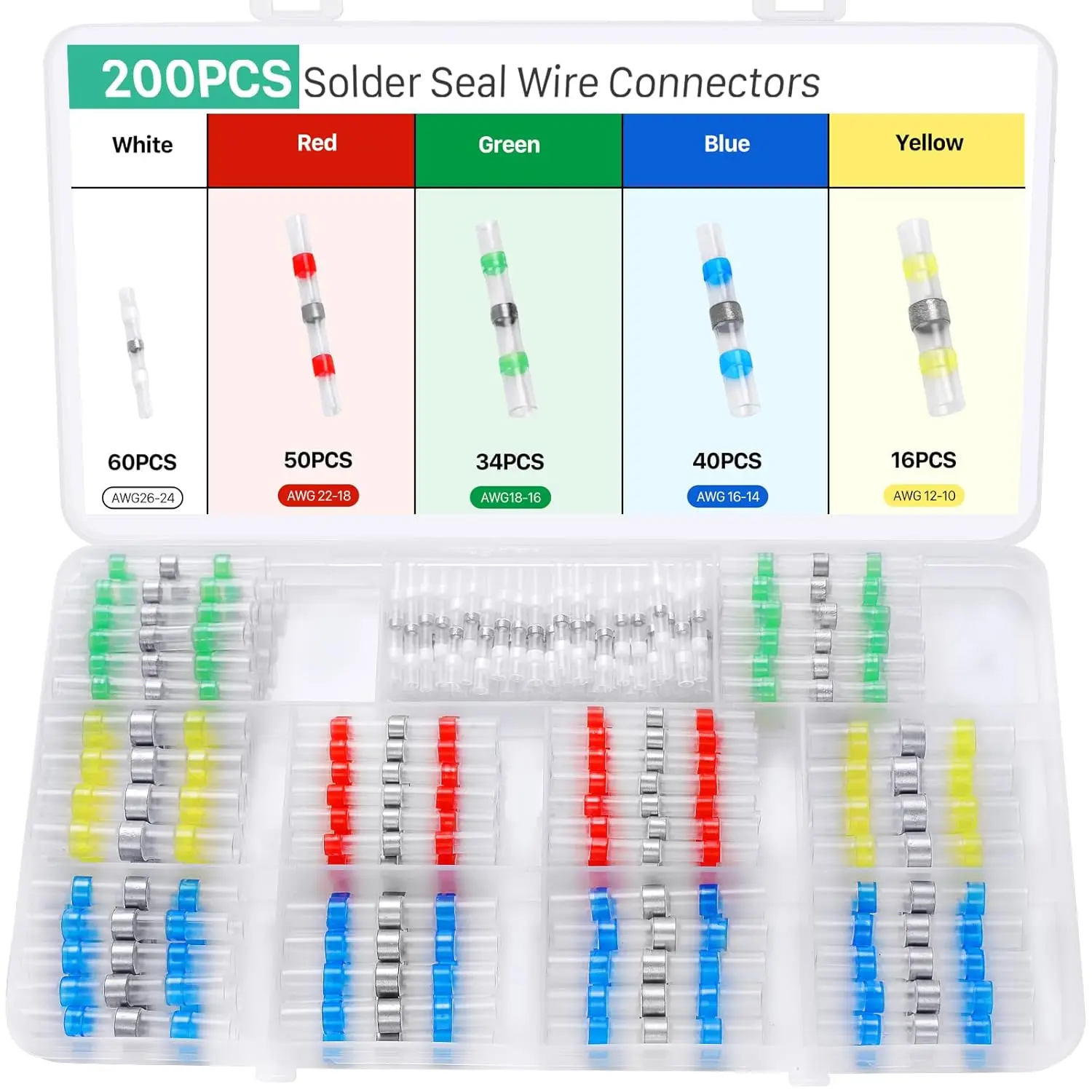 200 count Solder Seal Wire Connectors Kit, Upgraded Heat Shrink  Wire Connectors,  Electrical  Splice Wire Terminals for Marine Automotive Trailer RV Boat  Wiring