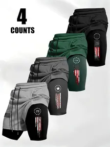 Men's Summer Trendy American Flag Print Shorts, Multi-Color Options, Dual-Layer Vintage Patriotic Design, Ideal for Sports and Fitness