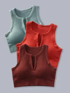Women's 3pcs Solid Notched Neck Sports Vest, Summer Clothes Women, Breathable Comfortable Crop Sports Tank Top For Yoga Gym Workout Running, Women's Sport & Outdoor Clothing For Summer, Gym Wear